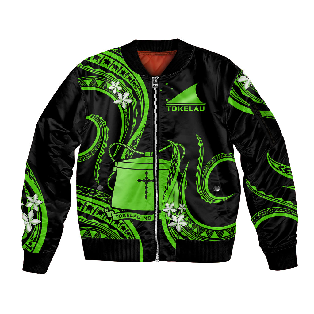 Tokelau Sleeve Zip Bomber Jacket Tokelauan Tatau With Badge Green LT14 Unisex Green - Polynesian Pride