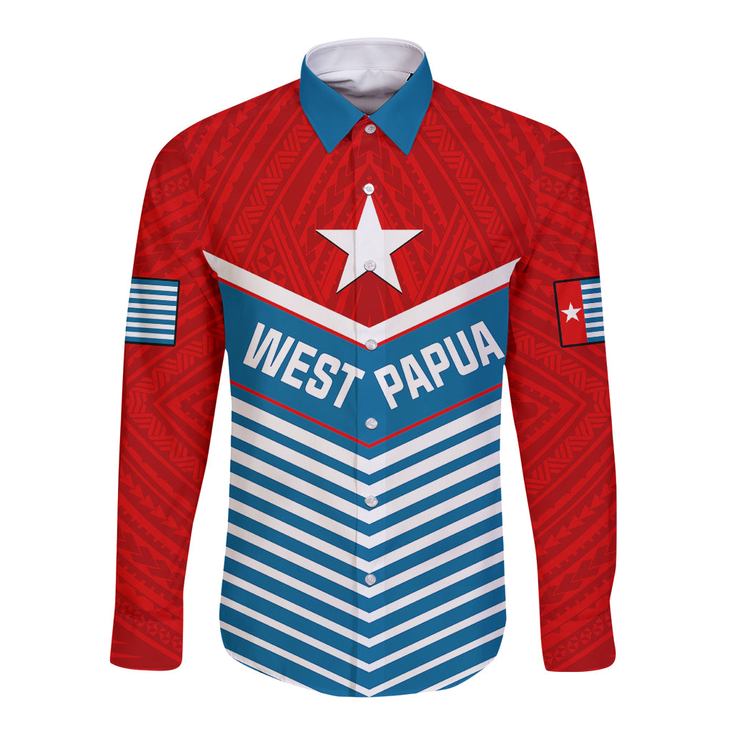 (Custom Personalised) West Papua Long Sleeve Button Shirt Coat Of Arms And Morning Star Flag LT14 Unisex Blue - Polynesian Pride