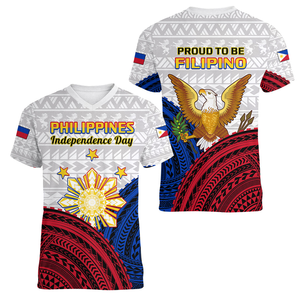 Philippines Independence Day Women V Neck T Shirt Proud To Be Filipino Polynesian Pattern LT14 Female White - Polynesian Pride