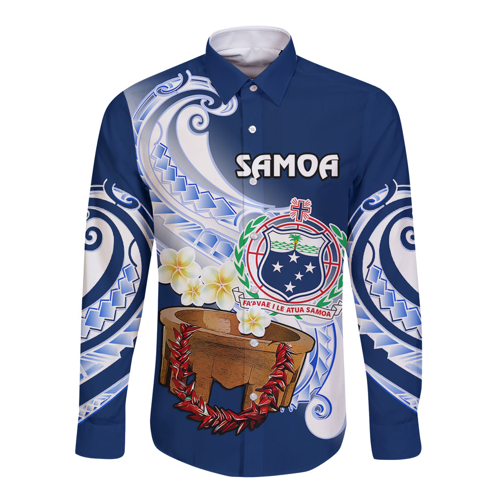 (Custom Personalised) Samoa Long Sleeve Button Shirt Ula Fala Kava Bowl Plumeria Polynesian Blue LT14 Unisex Blue - Polynesian Pride