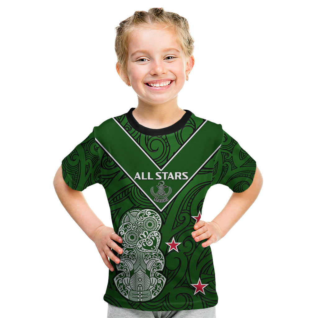 (Custom Text And Number) Aotearoa Rugby Kid T Shirt All Stars New Zealand Tiki Maori LT14 Green - Polynesian Pride