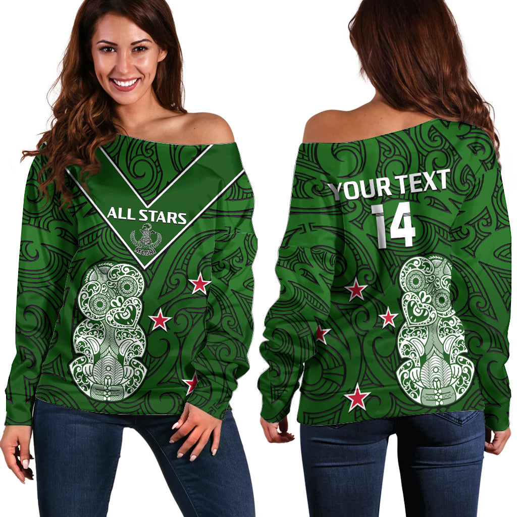 (Custom Text And Number) Aotearoa Rugby Off Shoulder Sweater All Stars New Zealand Tiki Maori LT14 Women Green - Polynesian Pride