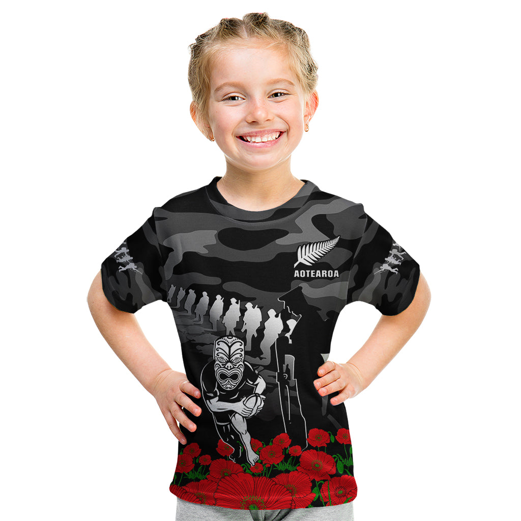 (Custom Text And Number) New Zealand ANZAC Rugby Kid T Shirt Silver Fern All Black Camouflage Mix Poppy LT14 Black - Polynesian Pride