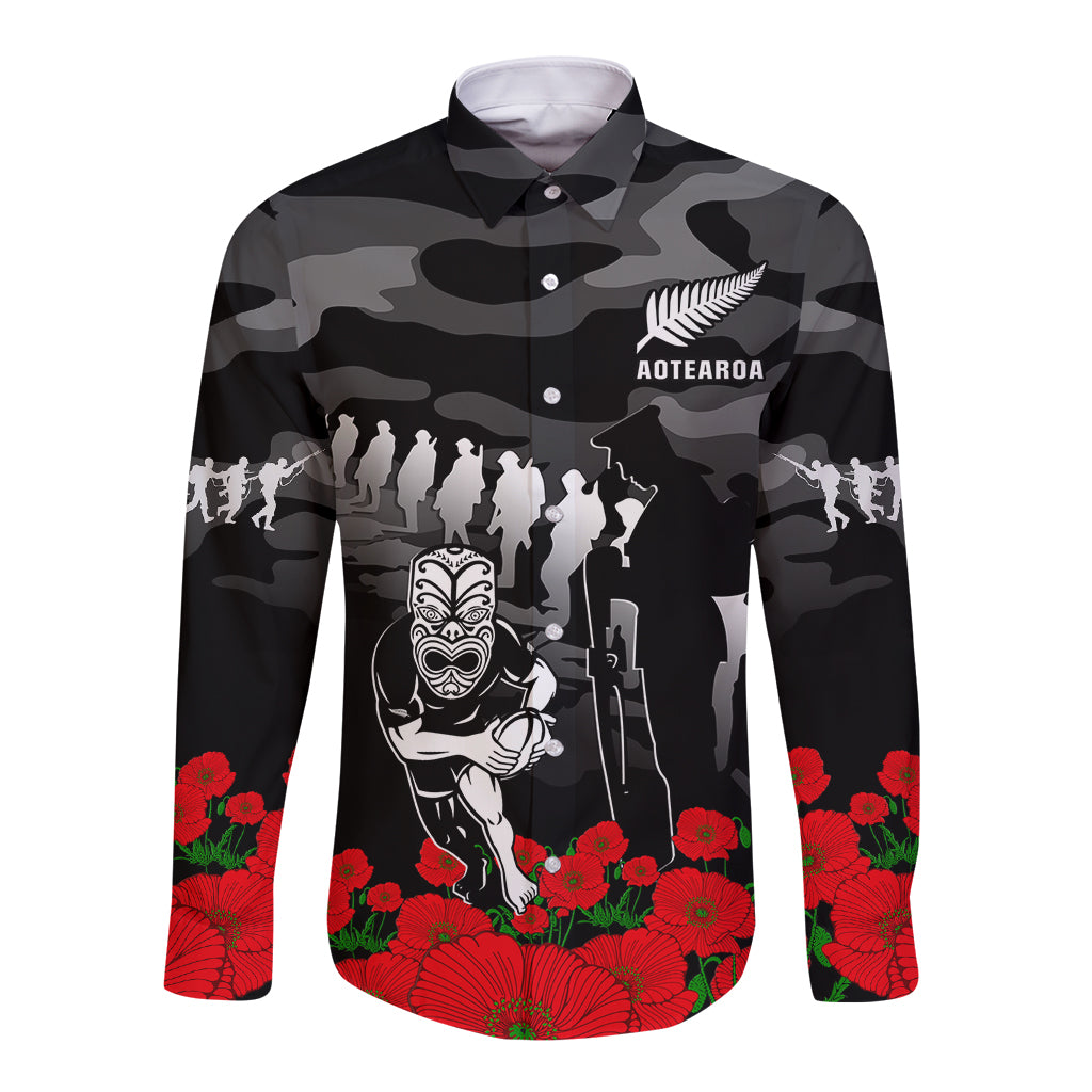 (Custom Text And Number) New Zealand ANZAC Rugby Long Sleeve Button Shirt Silver Fern All Black Camouflage Mix Poppy LT14 Unisex Black - Polynesian Pride