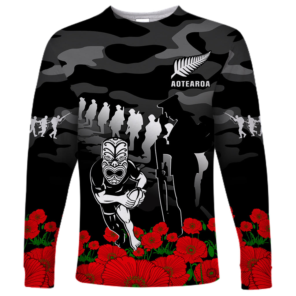 (Custom Text And Number) New Zealand ANZAC Rugby Long Sleeve Shirt Silver Fern All Black Camouflage Mix Poppy LT14 Unisex Black - Polynesian Pride