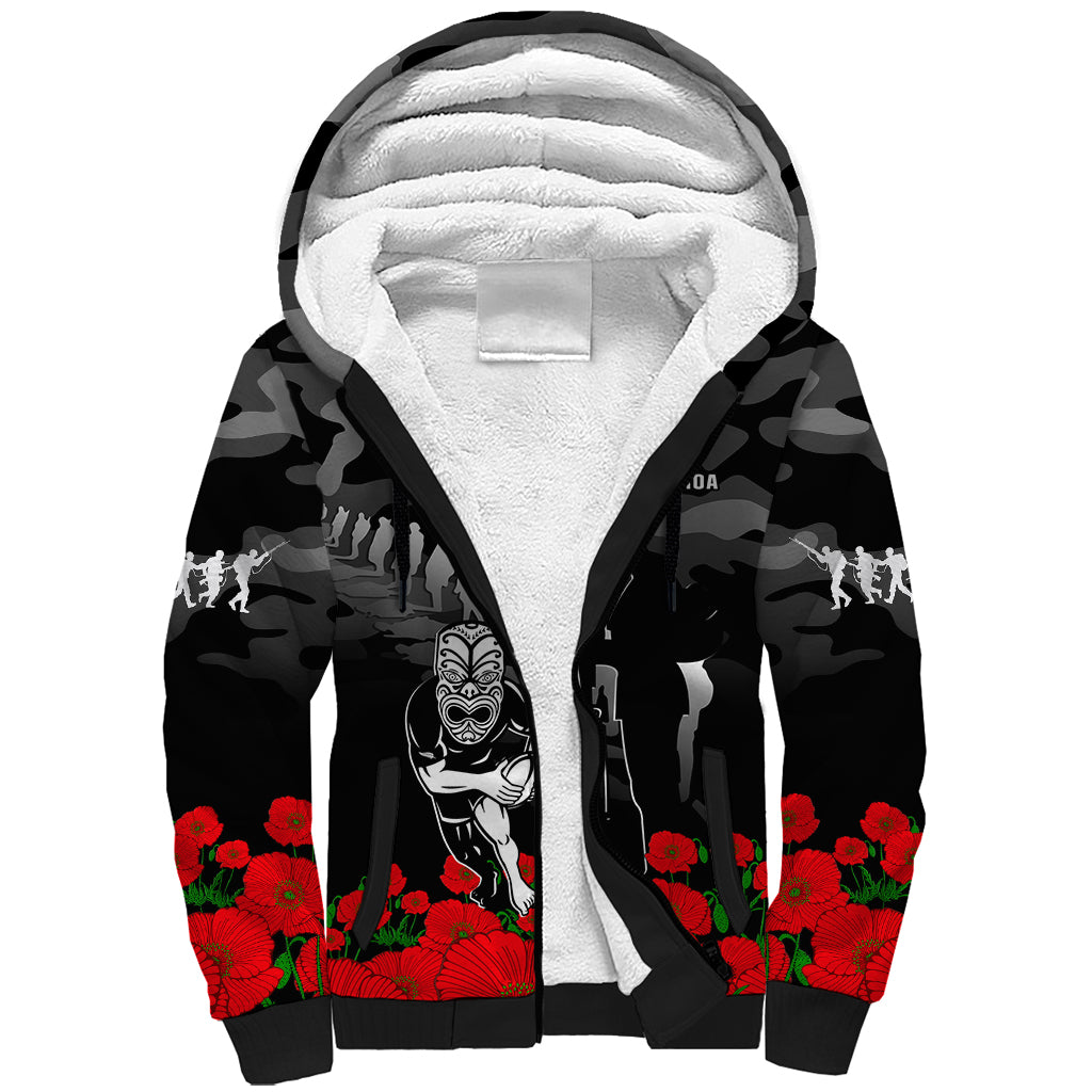 (Custom Text And Number) New Zealand ANZAC Rugby Sherpa Hoodie Silver Fern All Black Camouflage Mix Poppy LT14 Unisex Black - Polynesian Pride