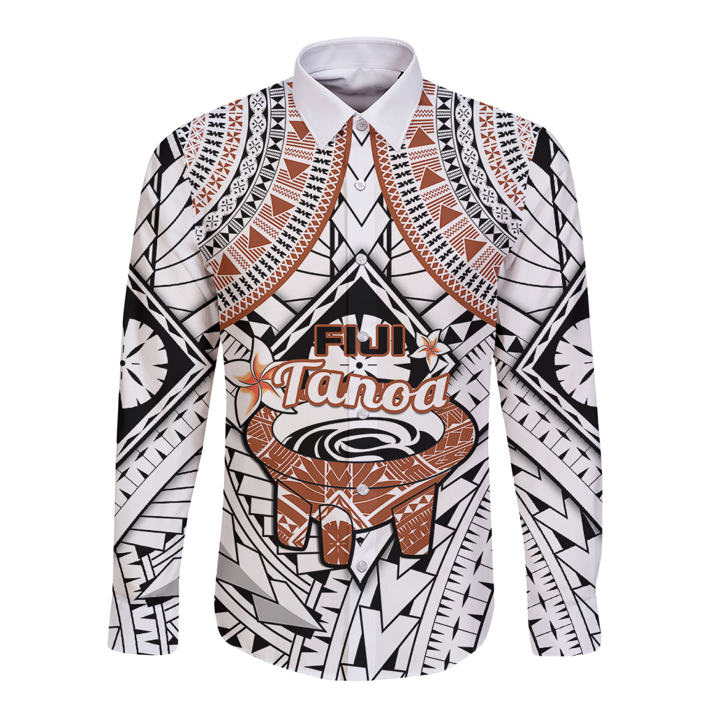 Fiji Tanoa Long Sleeve Button Shirt Kava Bowl Fijian Tapa Brown Pattern LT14 Unisex White - Polynesian Pride