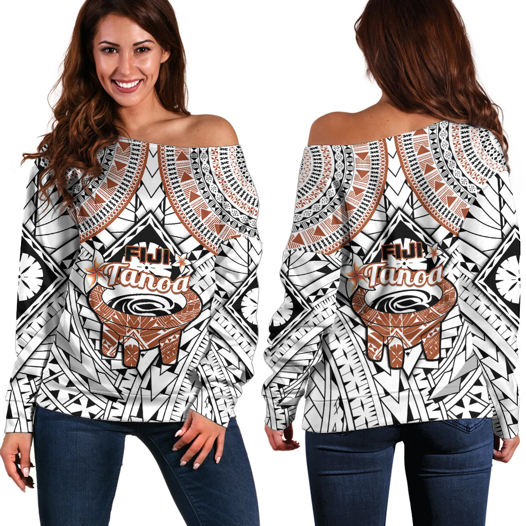 Fiji Tanoa Off Shoulder Sweater Kava Bowl Fijian Tapa Brown Pattern LT14 Women White - Polynesian Pride