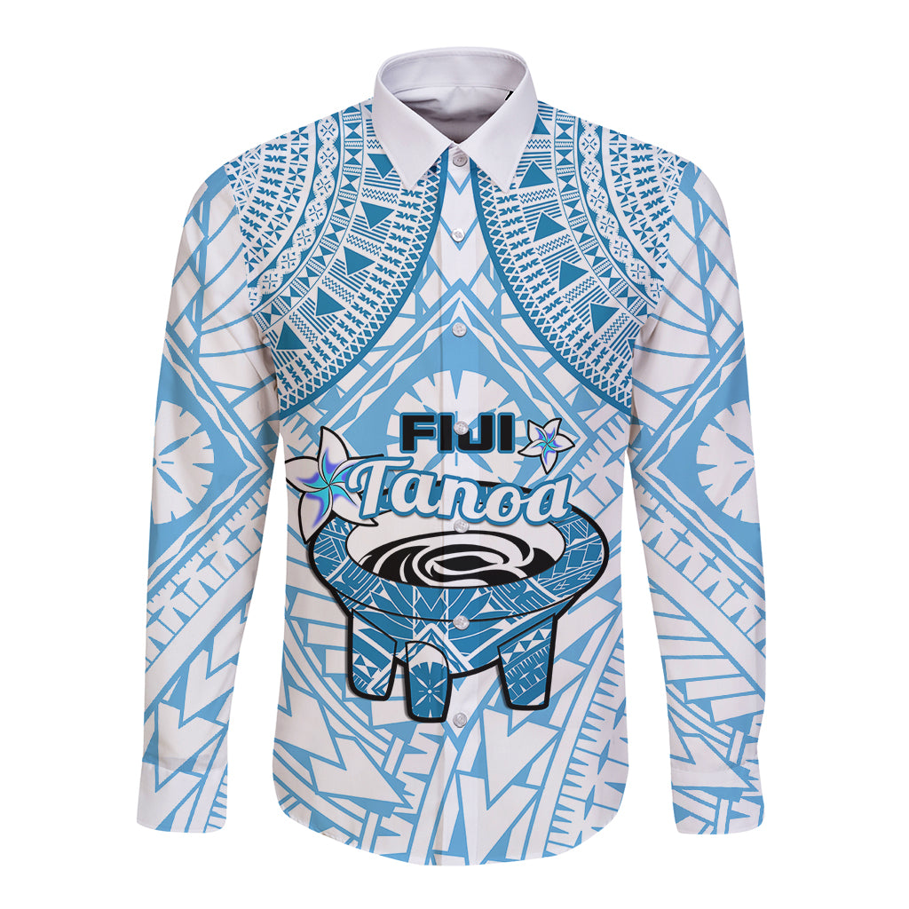 Fiji Tanoa Long Sleeve Button Shirt Kava Bowl Fijian Tapa Blue Pattern LT14 Unisex Blue - Polynesian Pride