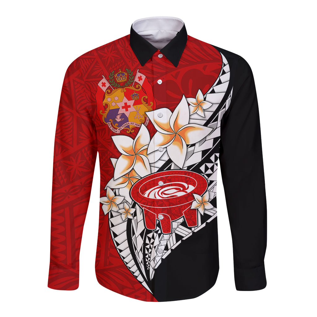 Tonga Kava Bowl Long Sleeve Button Shirt Tongan Kupesi Ngatu Pattern Black LT14 Unisex Red - Polynesian Pride