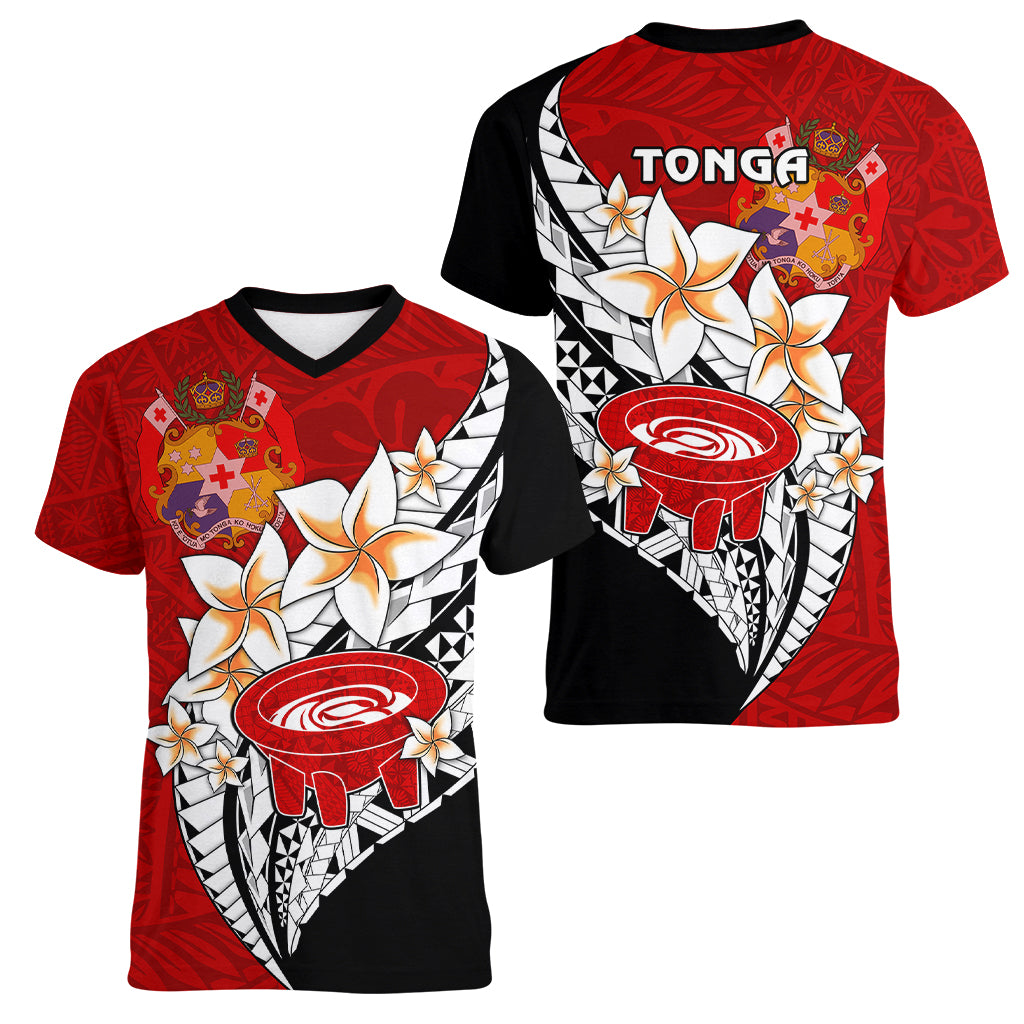 Tonga Kava Bowl Women V Neck T Shirt Tongan Kupesi Ngatu Pattern Black LT14 Female Red - Polynesian Pride