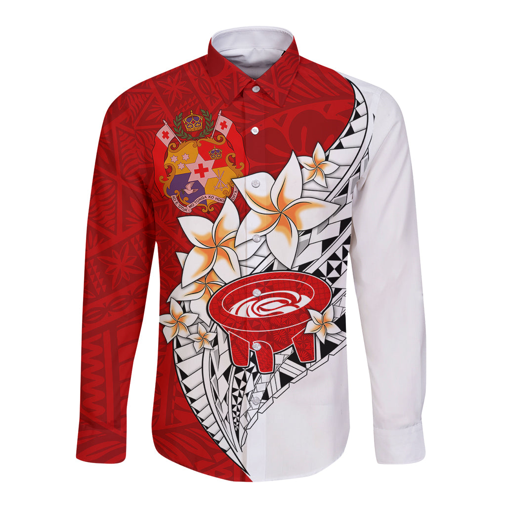 Tonga Kava Bowl Long Sleeve Button Shirt Tongan Kupesi Ngatu Pattern White LT14 Unisex Red - Polynesian Pride