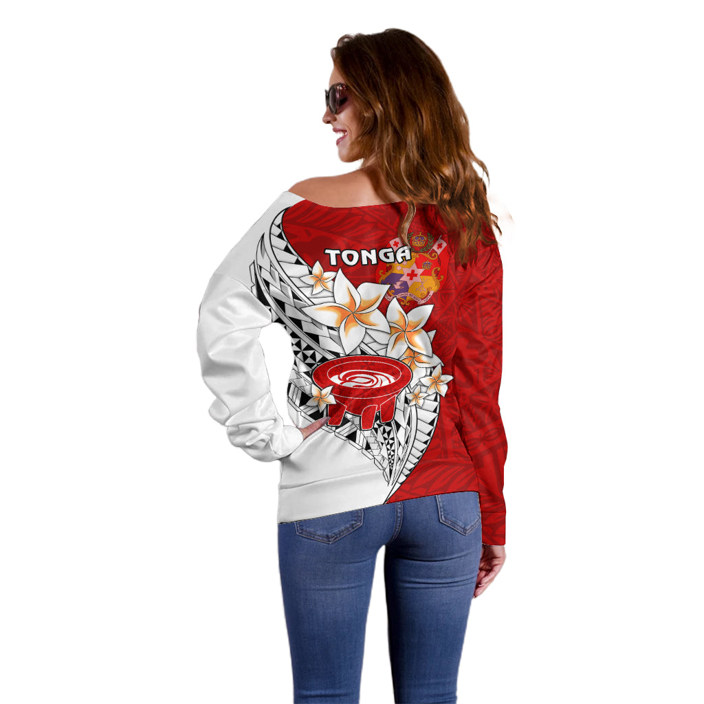 Tonga Kava Bowl Off Shoulder Sweater Tongan Kupesi Ngatu Pattern White LT14 - Polynesian Pride
