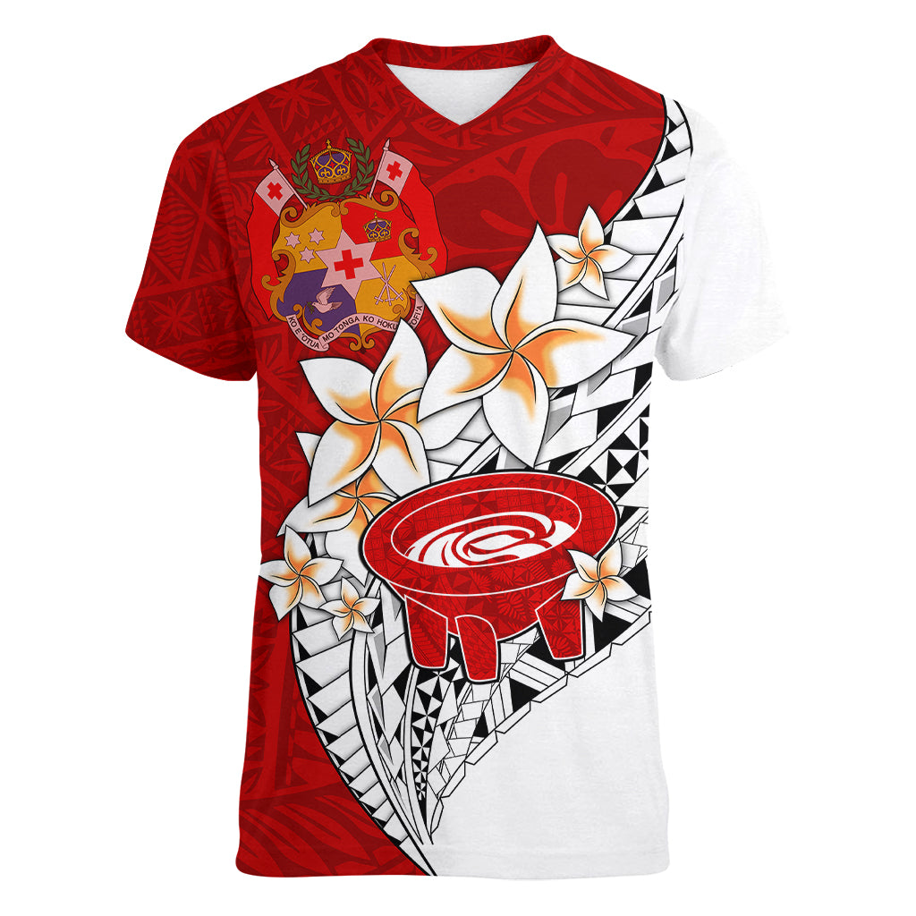 Tonga Kava Bowl Women V Neck T Shirt Tongan Kupesi Ngatu Pattern White LT14 - Polynesian Pride