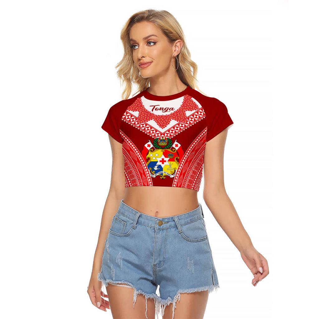 Tonga Heilala Flowers Raglan Cropped T Shirt Tongan Ngatu White Special Verison LT14 Female Red - Polynesian Pride