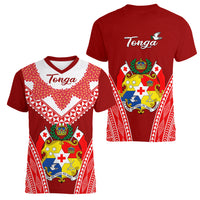 Tonga Heilala Flowers Women V Neck T Shirt Tongan Ngatu White Special Verison LT14 Female Red - Polynesian Pride