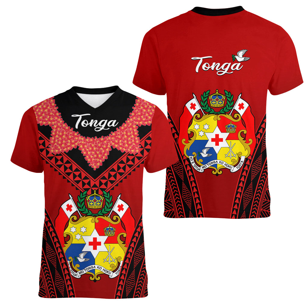 Tonga Heilala Flowers Women V Neck T Shirt Tongan Ngatu Black Special Verison LT14 Female Red - Polynesian Pride