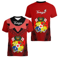 Tonga Heilala Flowers Women V Neck T Shirt Tongan Ngatu Black Special Verison LT14 Female Red - Polynesian Pride