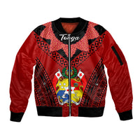 (Custom Personalised) Tonga Heilala Flowers Sleeve Zip Bomber Jacket Tongan Ngatu Black Special Verison LT14 Unisex Red - Polynesian Pride
