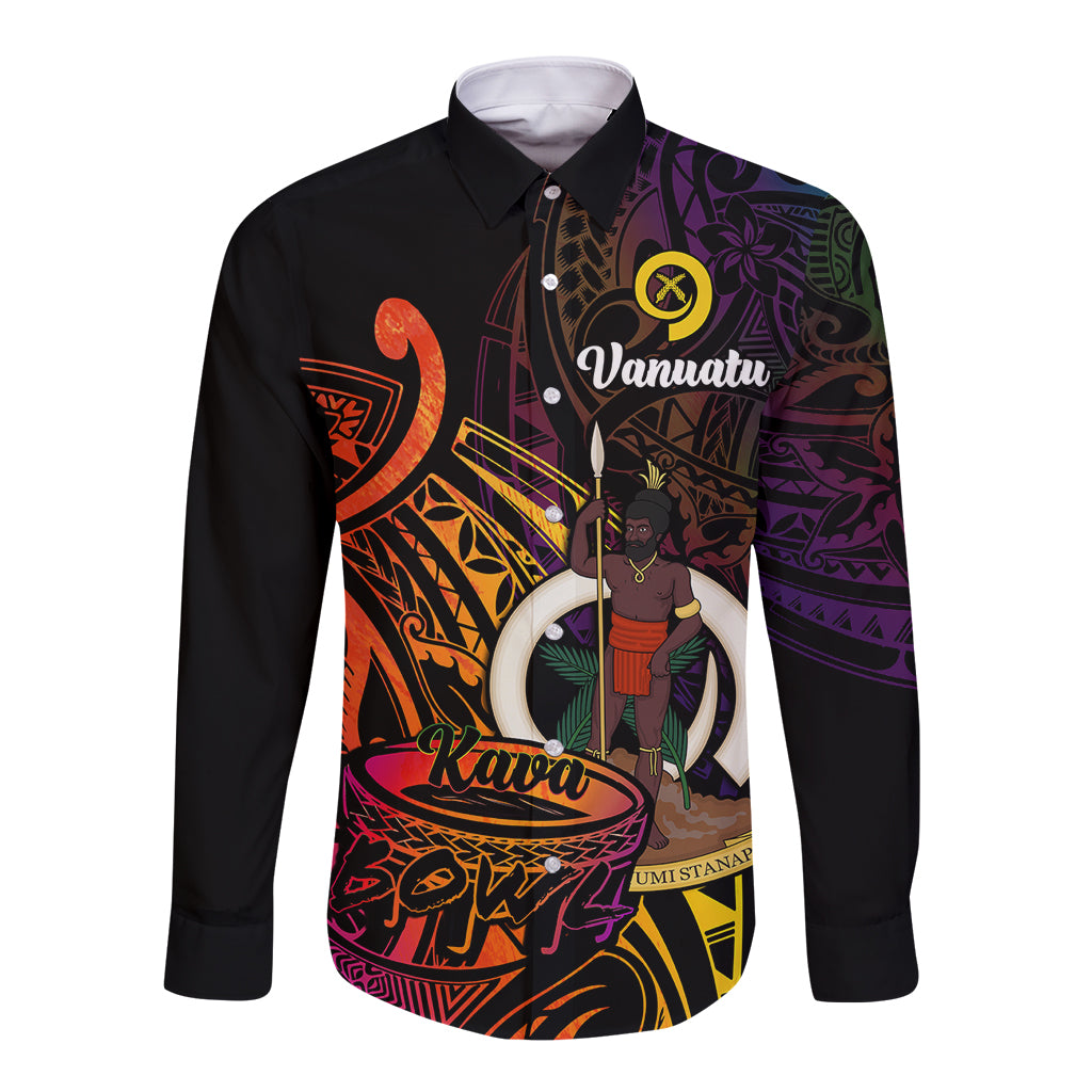 (Custom Personalised) Vanuatu Long Sleeve Button Shirt Kava Bowl Mix Polynesian Gradient Style LT14 Unisex Black - Polynesian Pride