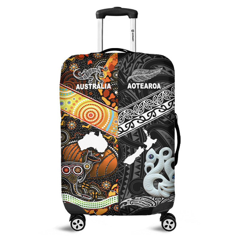 New Zealand Maori Aotearoa And Australia Aboriginal Luggage Cover Together - Black LT8 Black - Polynesian Pride