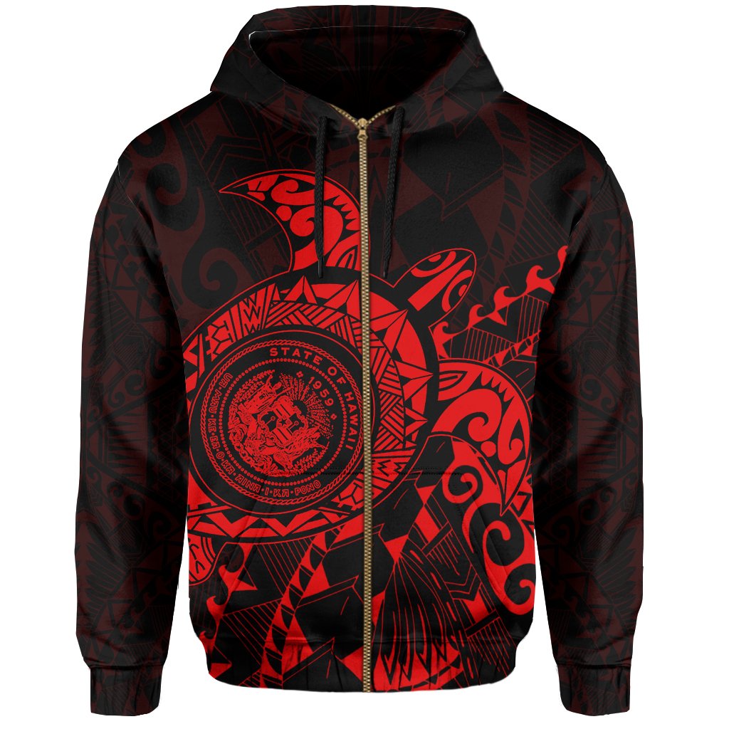 Hawaii Coat of Arms Zipper Hoodie (Red) Turtle Style - Polynesian Pride