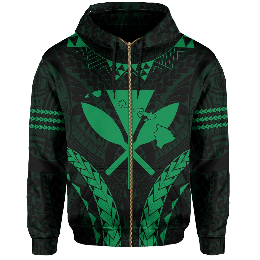 Polynesian Kakau Kanaka Map Hawaii Zip Hoodie Sport Style Version 2.0 Green Unisex Green - Polynesian Pride
