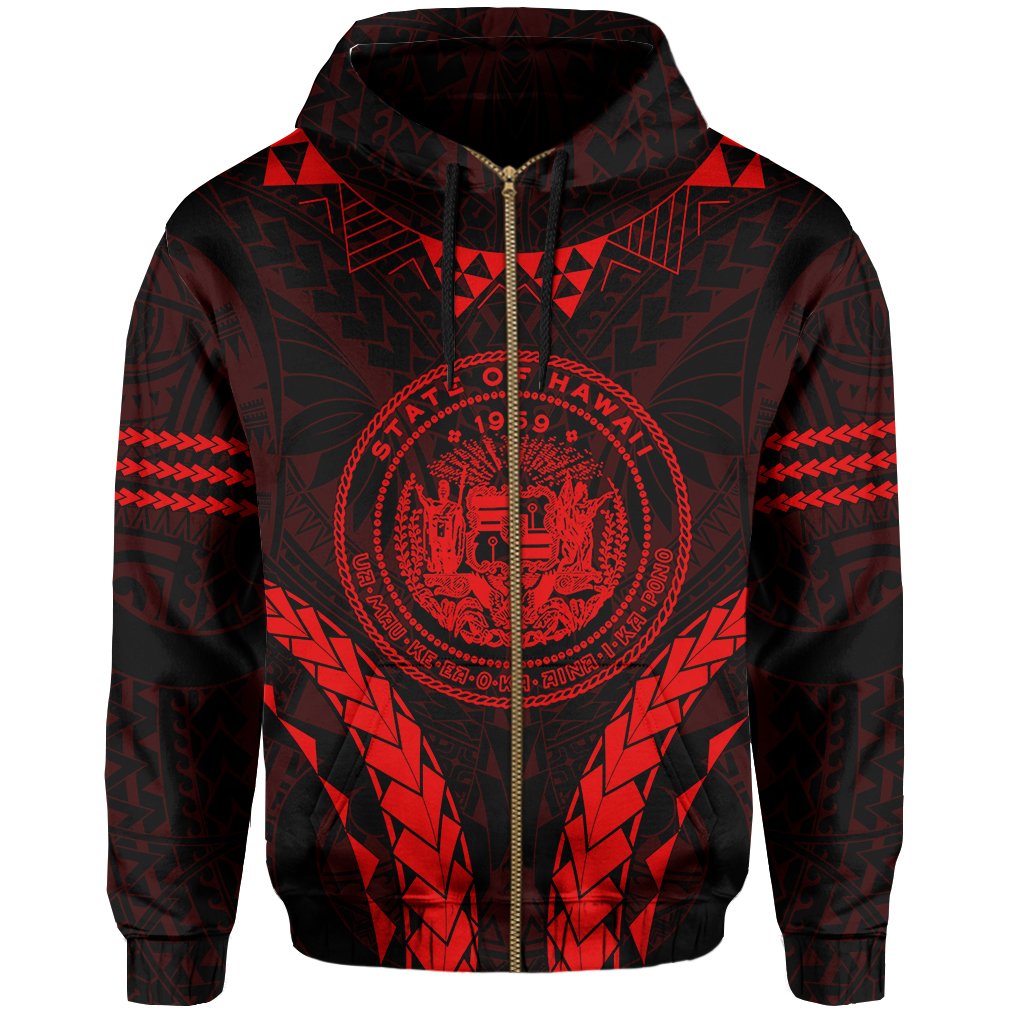 Polynesian Kakau Seal of Hawaii Zip Hoodie Sport Style Version 2.0 Red - Polynesian Pride