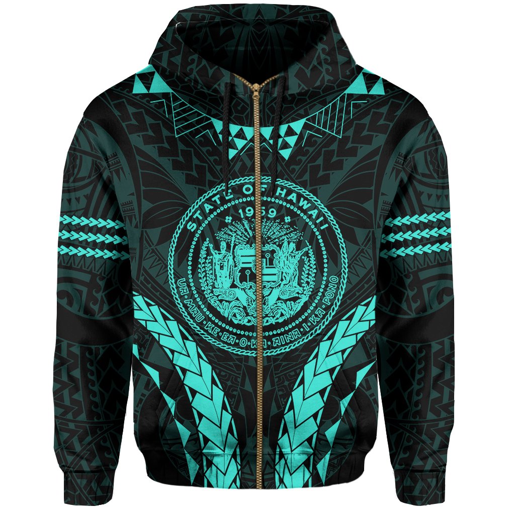Polynesian Kakau Seal of Hawaii Zip Hoodie Sport Style Version 2.0 Turquoise - Polynesian Pride