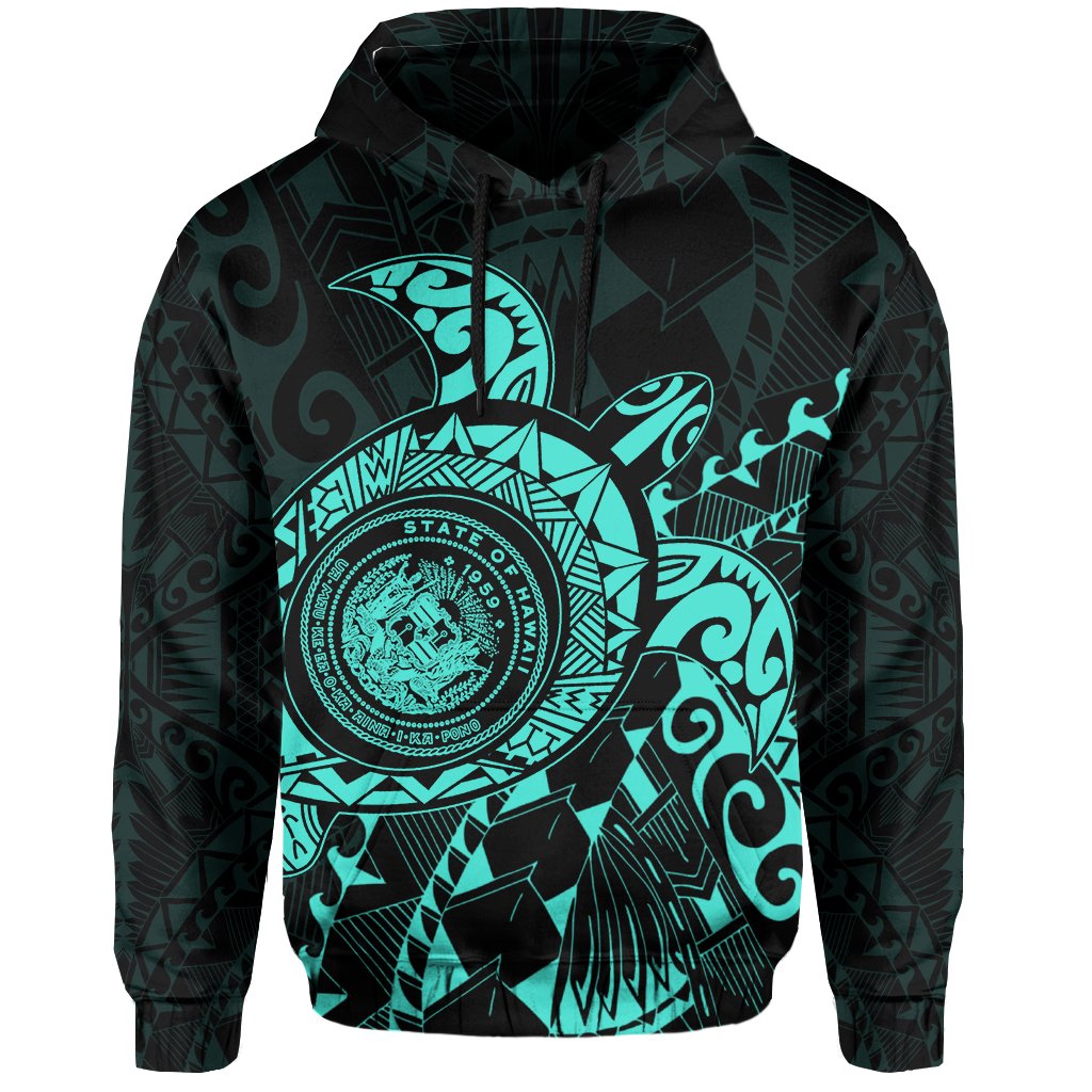 Hawaii Coat of Arms Hoodie (Turquoise) Turtle Style - Polynesian Pride
