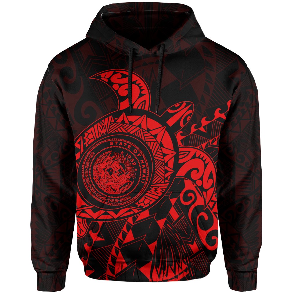 Hawaii Coat of Arms Hoodie (Red) Turtle Style - Polynesian Pride