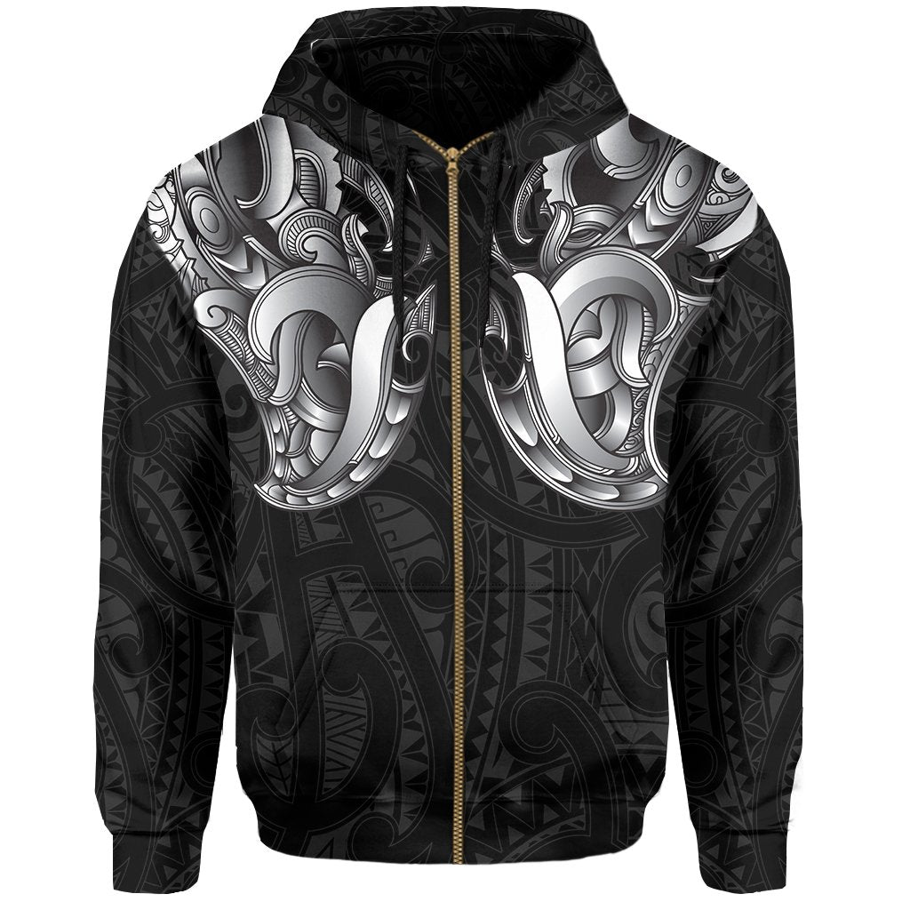 Maori Ta Moko Zip Hoodie New Zealand White Unisex Black - Polynesian Pride