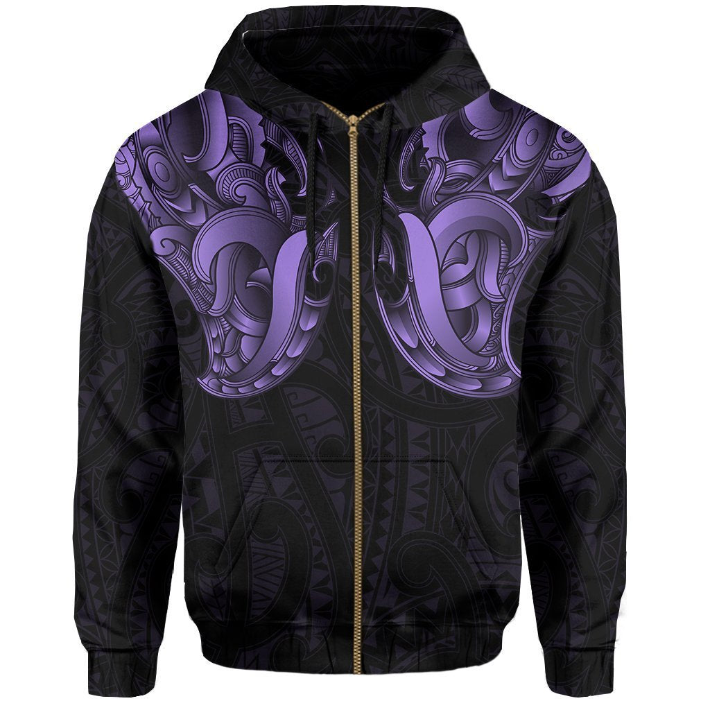 Maori Ta Moko Zip Hoodie New Zealand Pastel Purple Unisex Black - Polynesian Pride