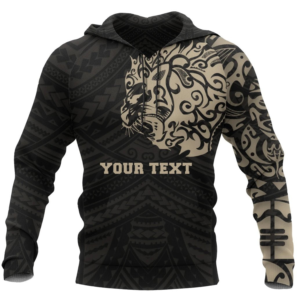 New Zealand Maori Hoodie, Maori Lion Tattoo Pullover Hoodie Tan Customized Unisex Black - Polynesian Pride