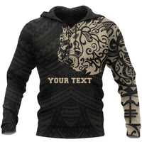 New Zealand Maori Hoodie, Maori Lion Tattoo Pullover Hoodie Tan Customized Unisex Black - Polynesian Pride