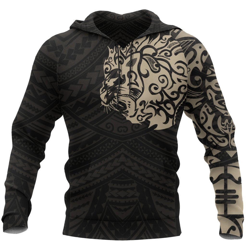 Maori Lion Hoodie, New Zealand Tattoo Pullover Hoodie Tan Unisex Black - Polynesian Pride