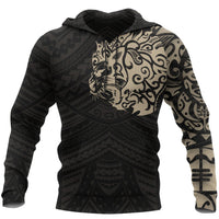 Maori Lion Hoodie, New Zealand Tattoo Pullover Hoodie Tan Unisex Black - Polynesian Pride