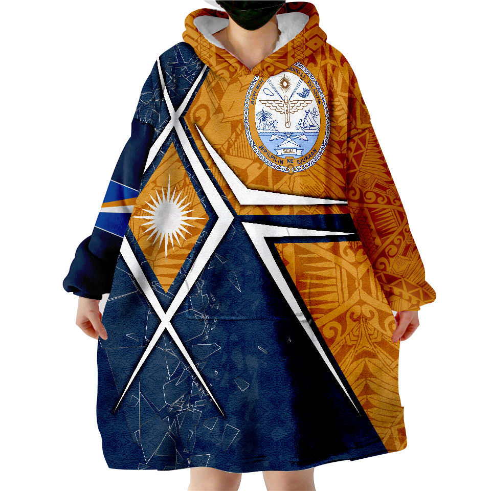Marshall Islands - Marshall Islands Flag with Polynesian Patterns Blue Wearable Blanket Hoodie LT9 - Polynesian Pride