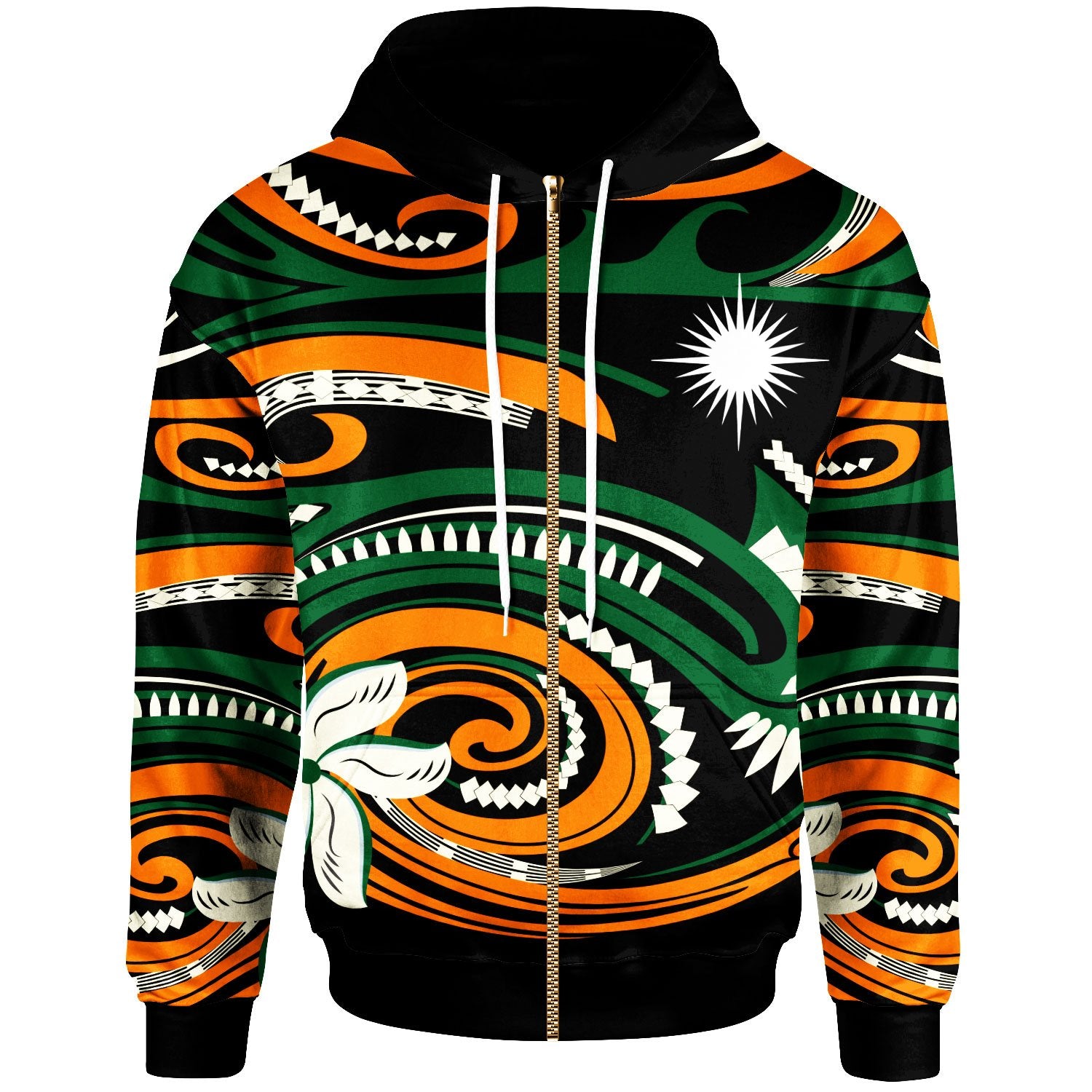 Marshall Islands Zip Hoodie Vortex Style Unisex Green Orange - Polynesian Pride