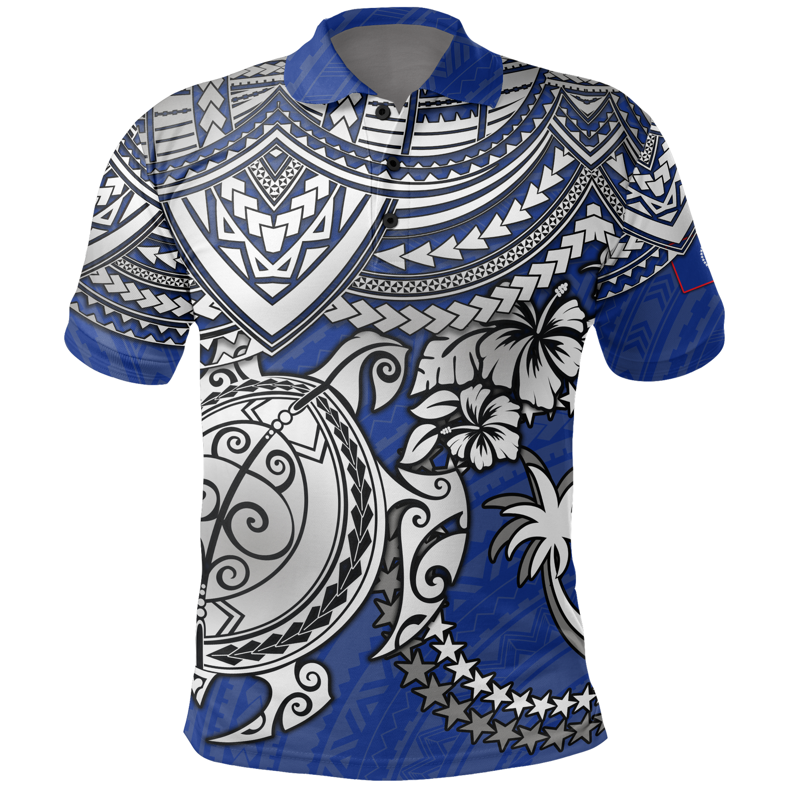 Chuuk Polo Shirt Chuuk FLag White Turtle Hibiscus (Blue) Unisex BLUE - Polynesian Pride