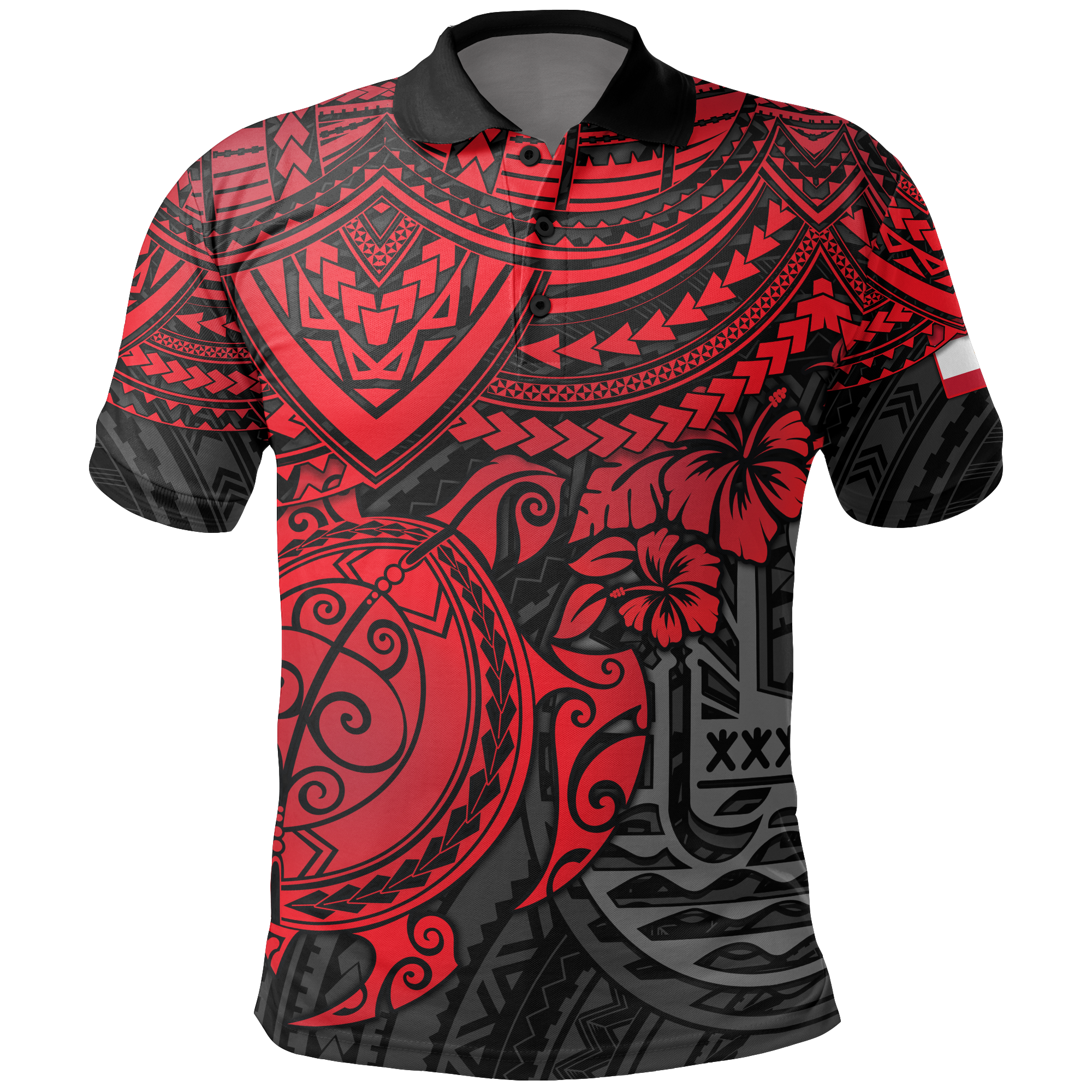 Tahiti Polo Shirt Tahitian FLag Red Turtle Hibiscus Unisex RED - Polynesian Pride