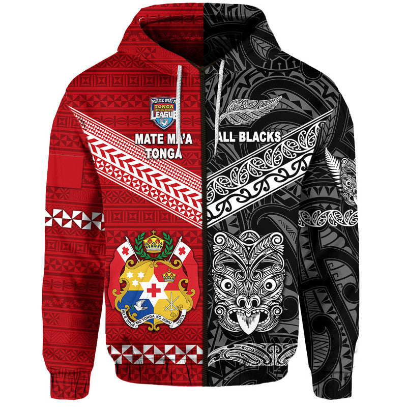 Tonga New Zealand Rugby Hoodie Mate Maa Ngatu and Maori All Black Together LT8 Zip Hoodie - Polynesian Pride