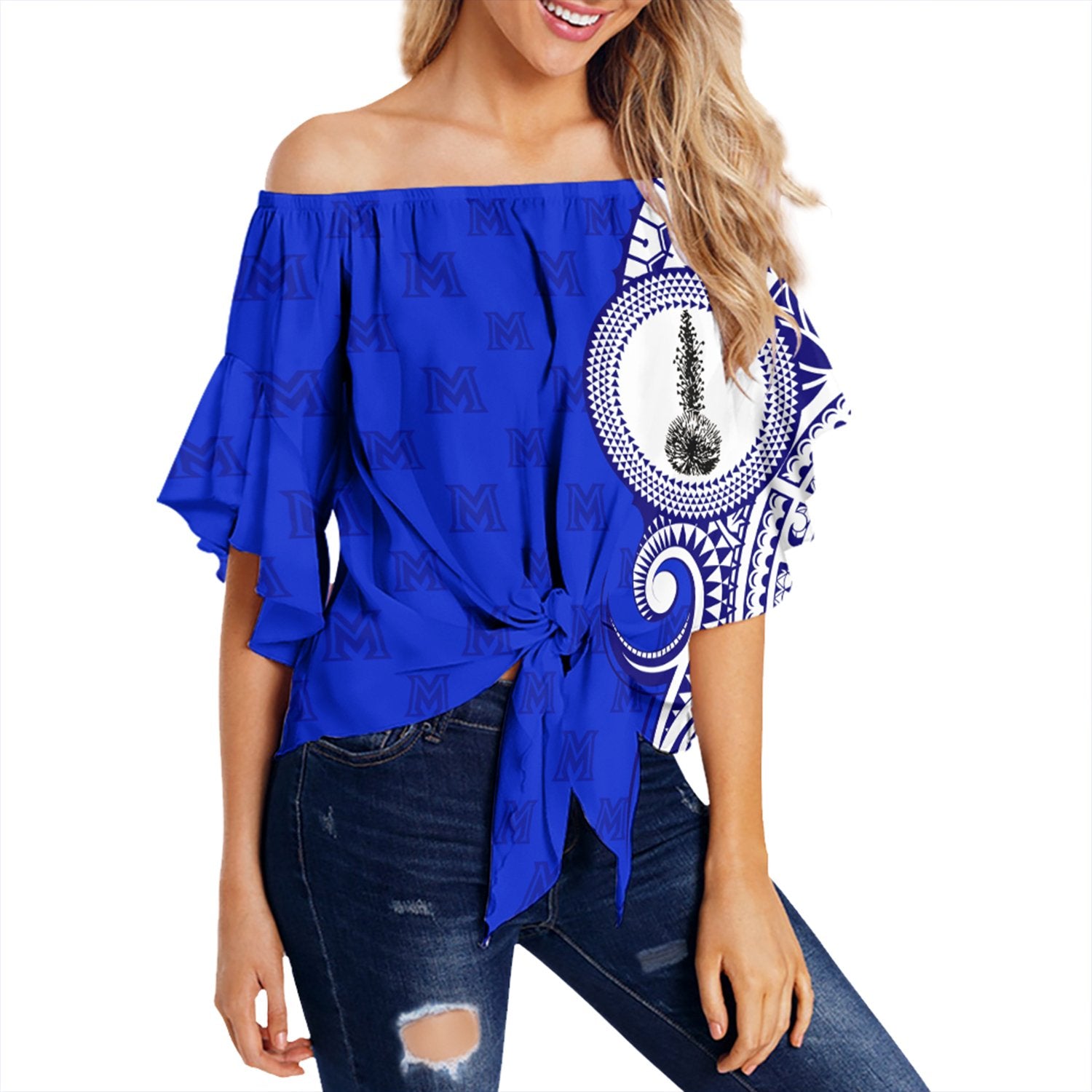 (Personalised) Hawaii - Maui High Tribal Kakau Off Shoulder Waist Wrap Top AH Female Blue - Polynesian Pride