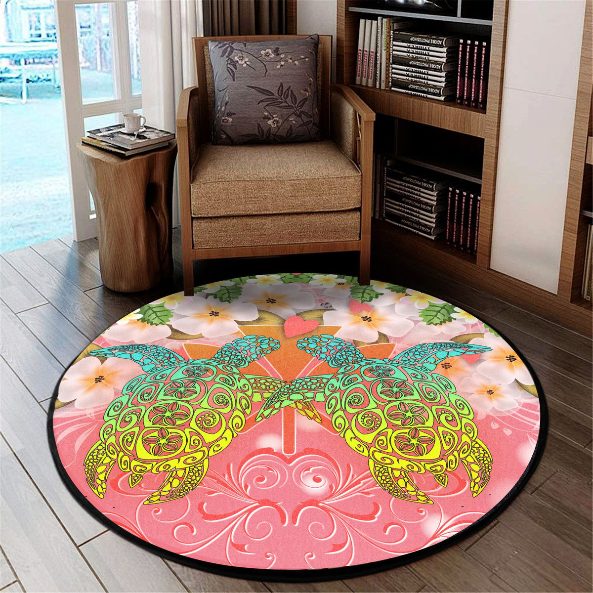 Hawaii Turtle Couple Plumeria Valentine Pattern Round Carpet - Bond Style - AH - Polynesian Pride