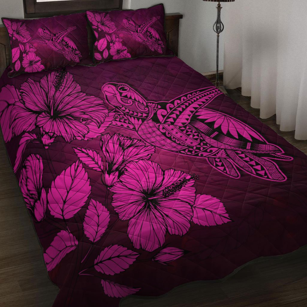 Hawaii Turtle Reach To The Sky Hibiscus Quilt Bed Set - Pink - AH - Polynesian Pride