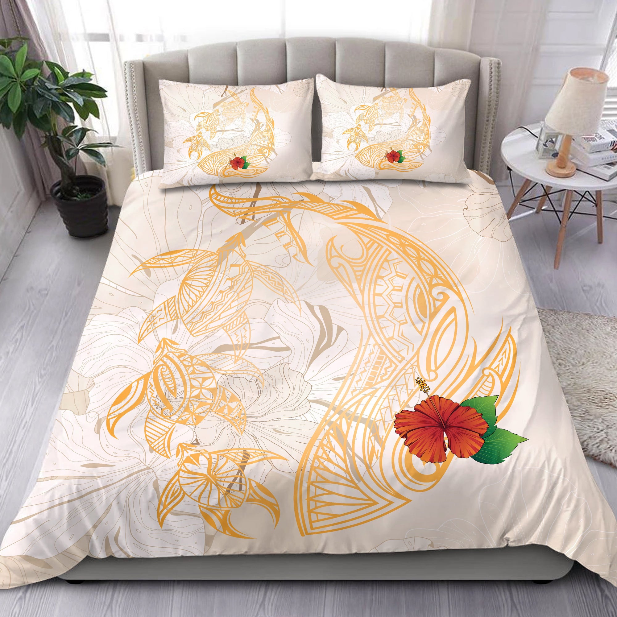 Hawaii Dancing Turtles And Sharks Hibiscus Background Bedding Set - AH Nude - Polynesian Pride