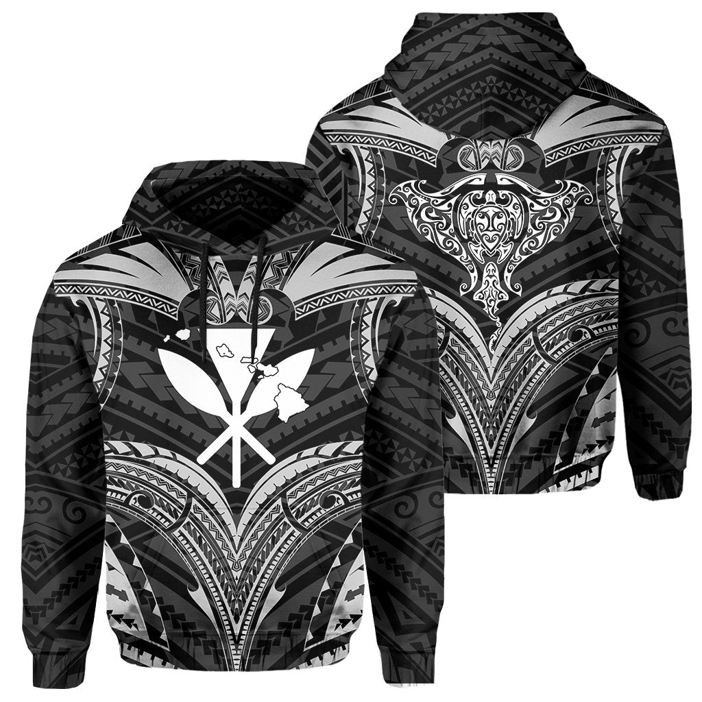 Polynesian Kanaka Shark Turtle Manta Ray Map of Hawaii Hoodie Unisex White - Polynesian Pride