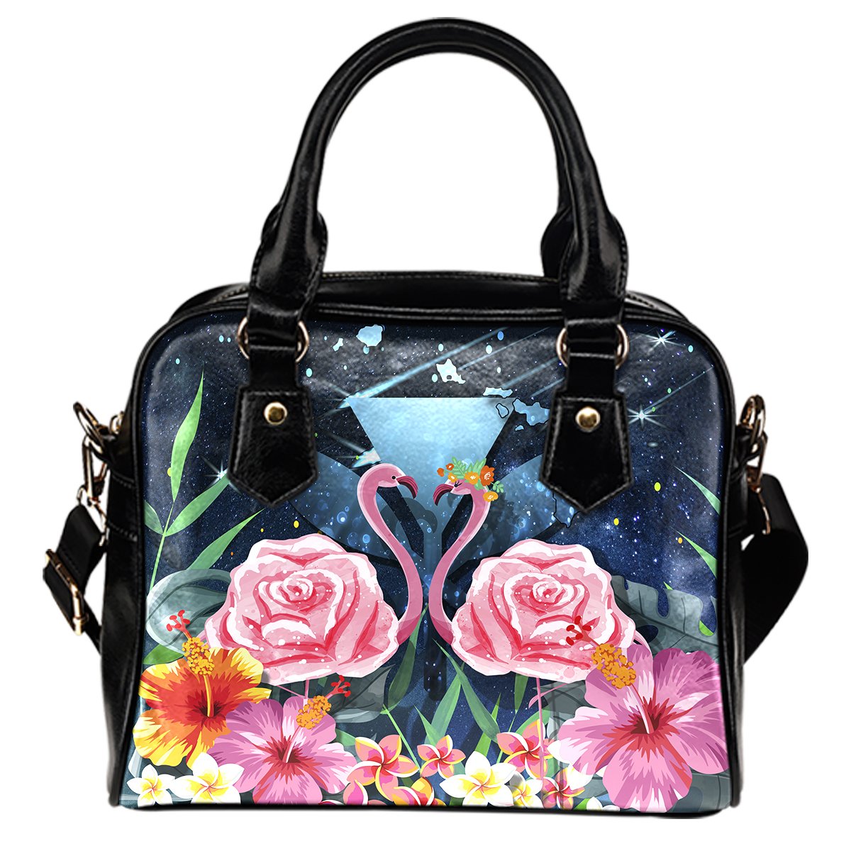 Kanaka Flamingo Couple Rose Hibiscus Plumeria Shoulder Handbag - Love Universe - AH One Size Galaxy - Polynesian Pride