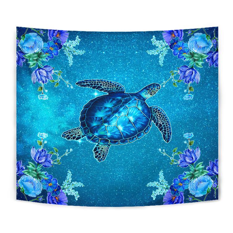 Hawaii Blue Turtle Flower Tapestry - Ocean Secret - AH Wall Tapestry Blue - Polynesian Pride