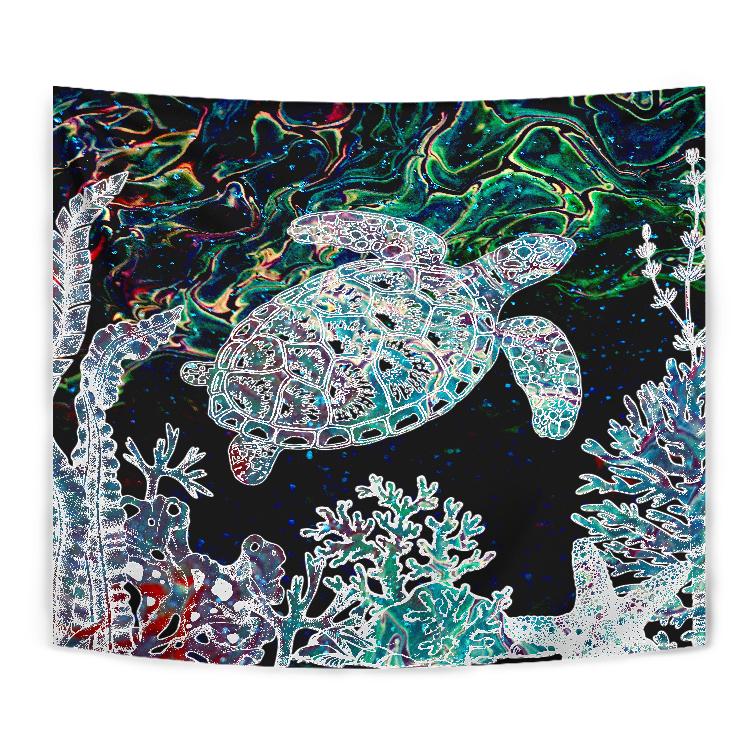 Hawaii Turtle Corals Shell Background Tapestry - AH Wall Tapestry Black - Polynesian Pride